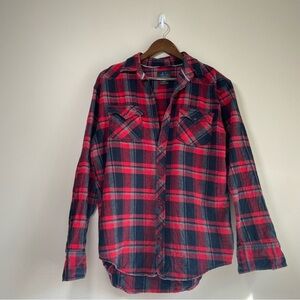 Just Keep Livin' Plaid Flannel Button Down Long Sleeve Shirt Cotton Red Medium